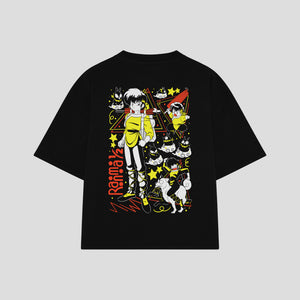 Playera streetwear premium de anime y gaming ExtraLife MX, corte boxy oversized drop shoulder heavyweight en color Deep Black y Off-White, moda urbana mexicana de culto.