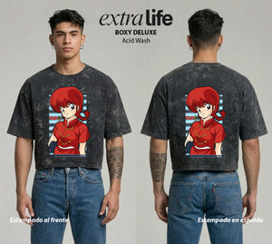 Playera streetwear premium de anime y gaming ExtraLife MX, corte boxy deluxe mineral wash heavyweight en color Acid Wash, moda urbana mexicana de culto.