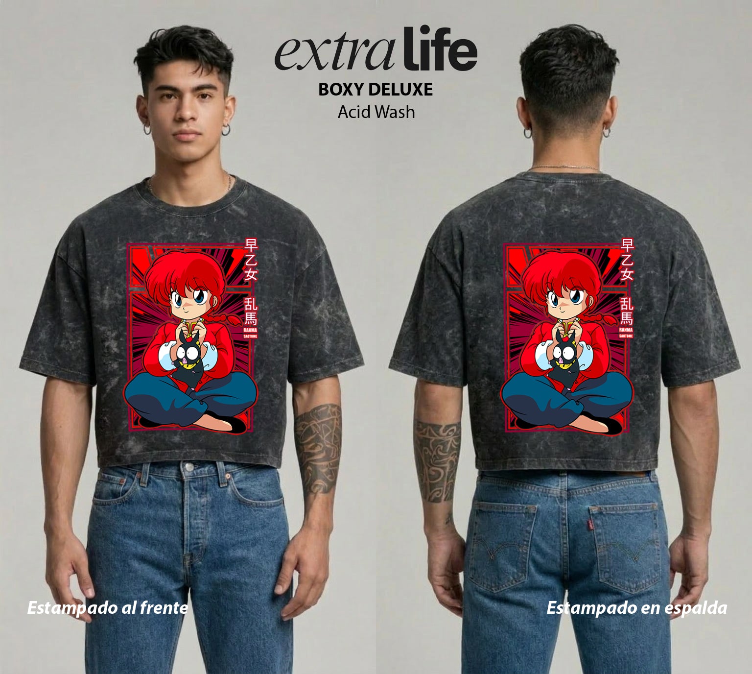 Playera streetwear premium de anime y gaming ExtraLife MX, corte boxy deluxe mineral wash heavyweight en color Acid Wash, moda urbana mexicana de culto.
