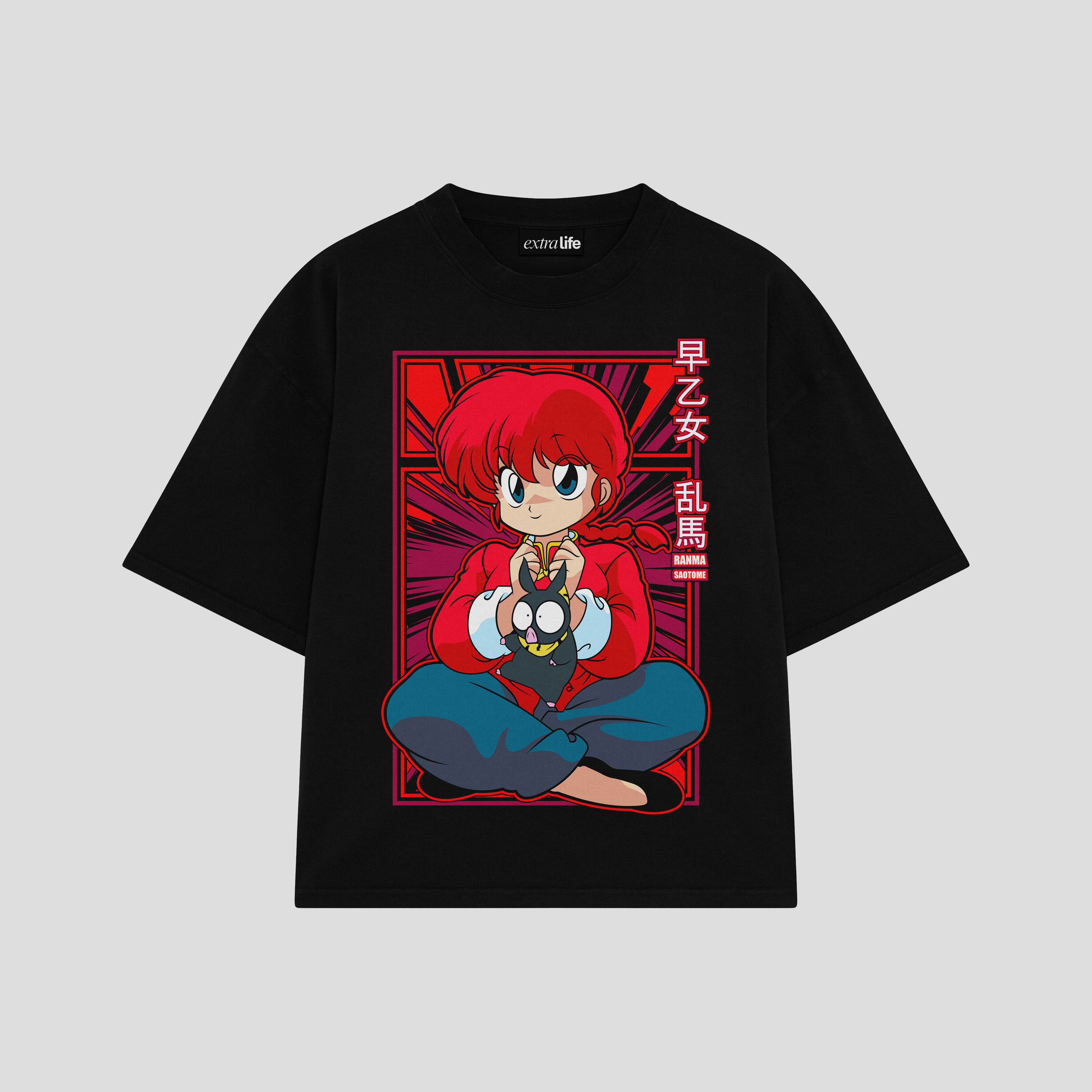 Playera streetwear premium de anime y gaming ExtraLife MX, corte boxy oversized drop shoulder heavyweight en color Deep Black y Off-White, moda urbana mexicana de culto.