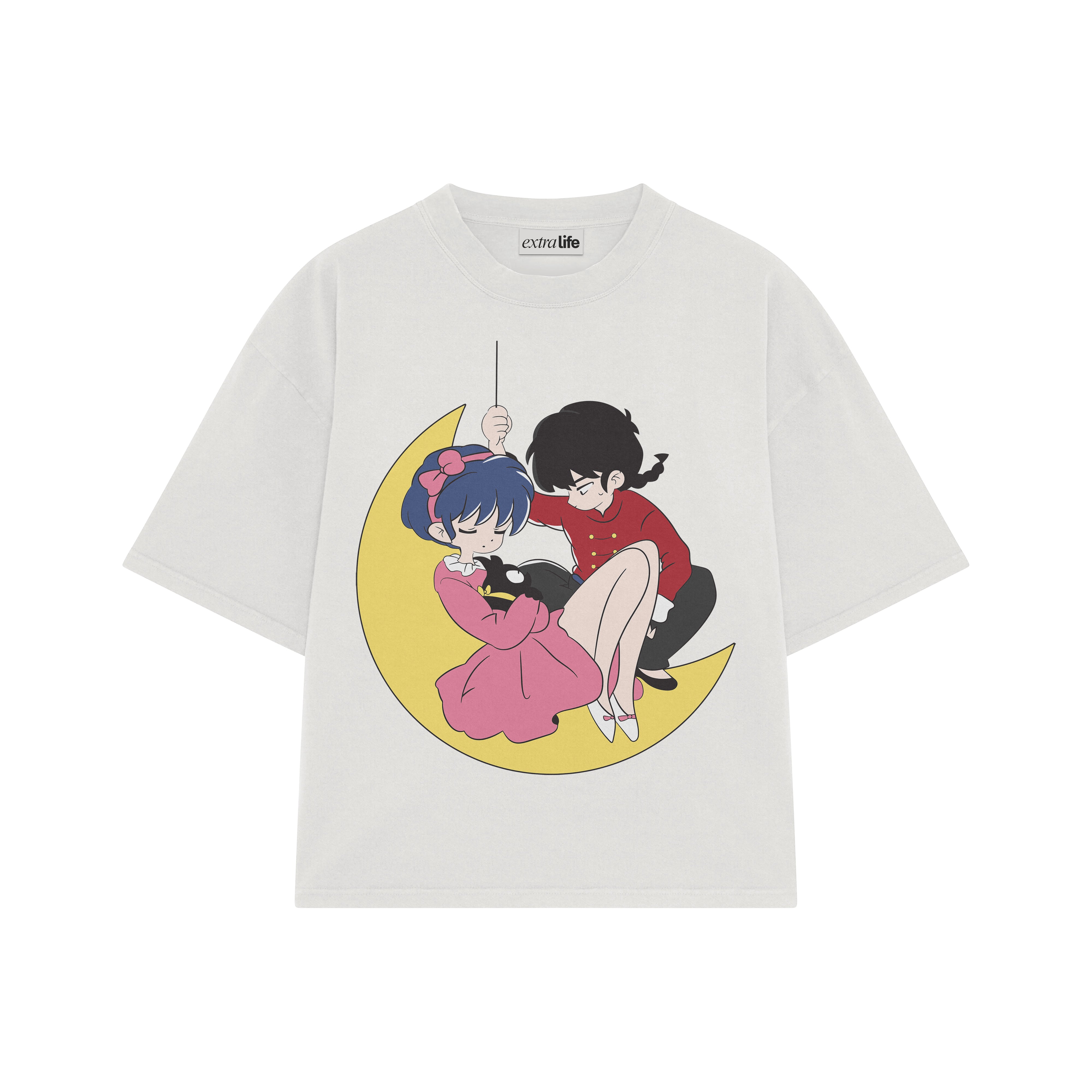 Playera streetwear premium de anime y gaming ExtraLife MX, corte boxy oversized drop shoulder heavyweight en color Deep Black y Off-White, moda urbana mexicana de culto.
