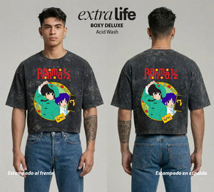 Playera streetwear premium de anime y gaming ExtraLife MX, corte boxy deluxe mineral wash heavyweight en color Acid Wash, moda urbana mexicana de culto.