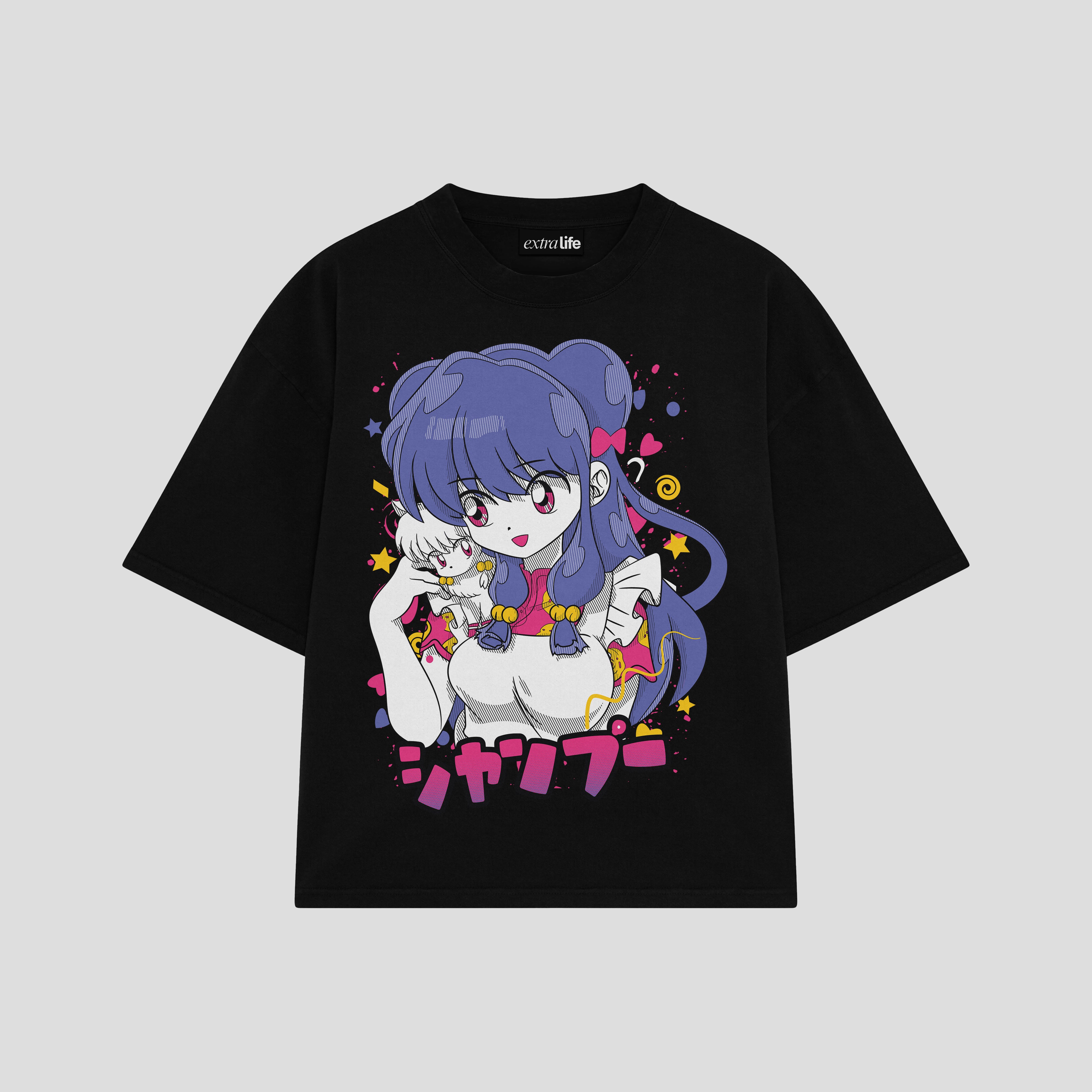 Playera streetwear premium de anime y gaming ExtraLife MX, corte boxy oversized drop shoulder heavyweight en color Deep Black y Off-White, moda urbana mexicana de culto.