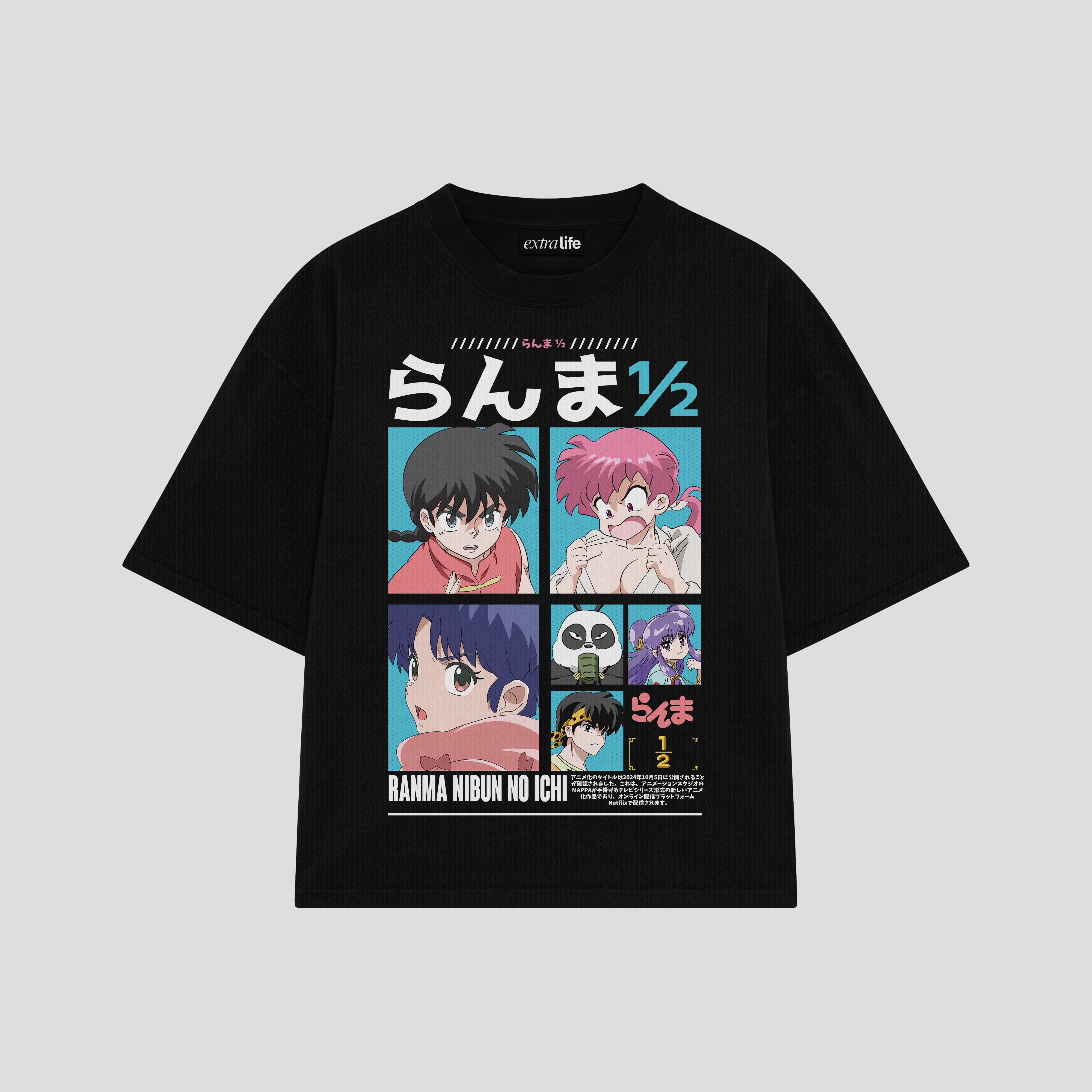 Playera streetwear premium de anime y gaming ExtraLife MX, corte boxy oversized drop shoulder heavyweight en color Deep Black y Off-White, moda urbana mexicana de culto.