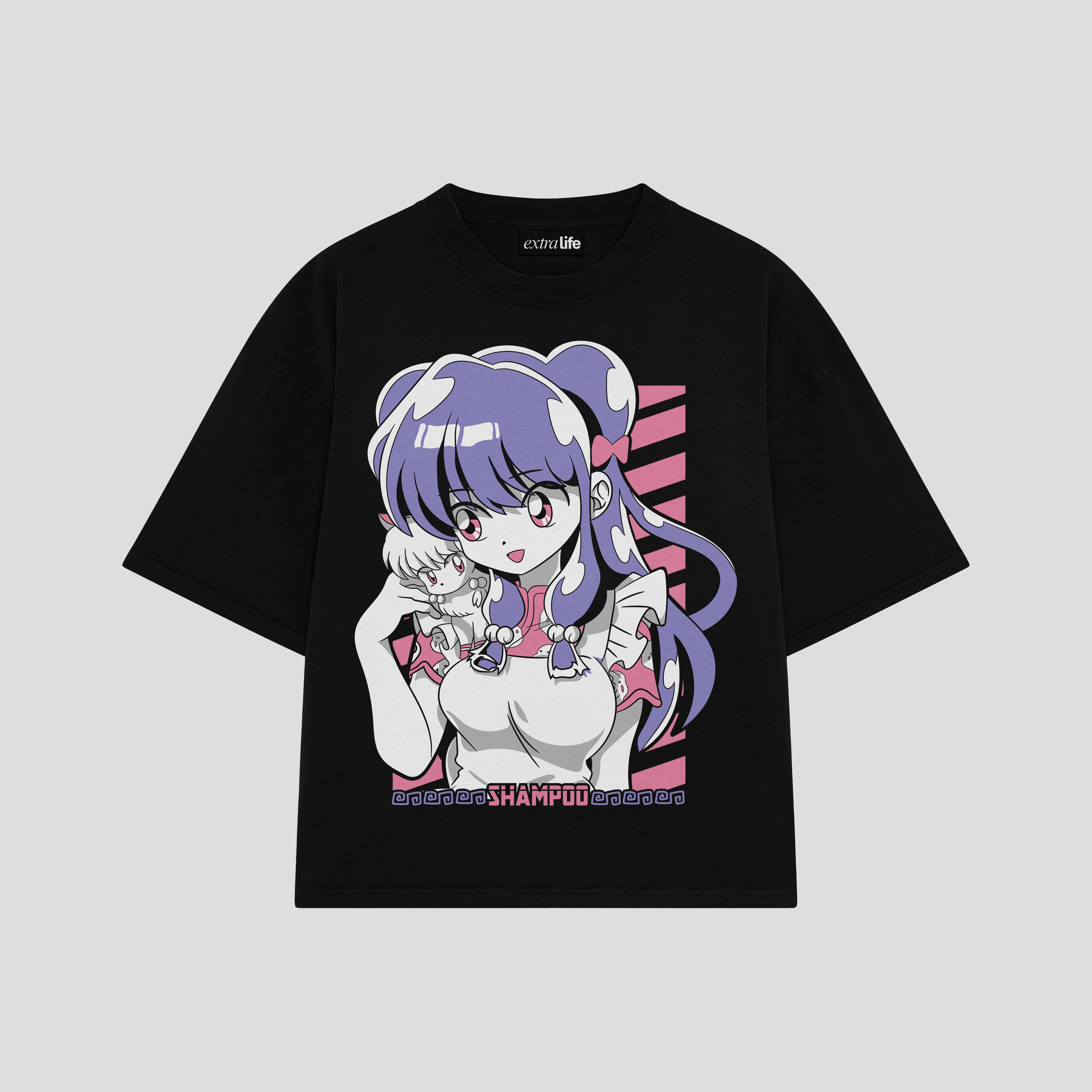 Playera streetwear premium de anime y gaming ExtraLife MX, corte boxy oversized drop shoulder heavyweight en color Deep Black y Off-White, moda urbana mexicana de culto.