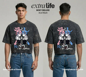 Playera streetwear premium de anime y gaming ExtraLife MX, corte boxy deluxe mineral wash heavyweight en color Acid Wash, moda urbana mexicana de culto.