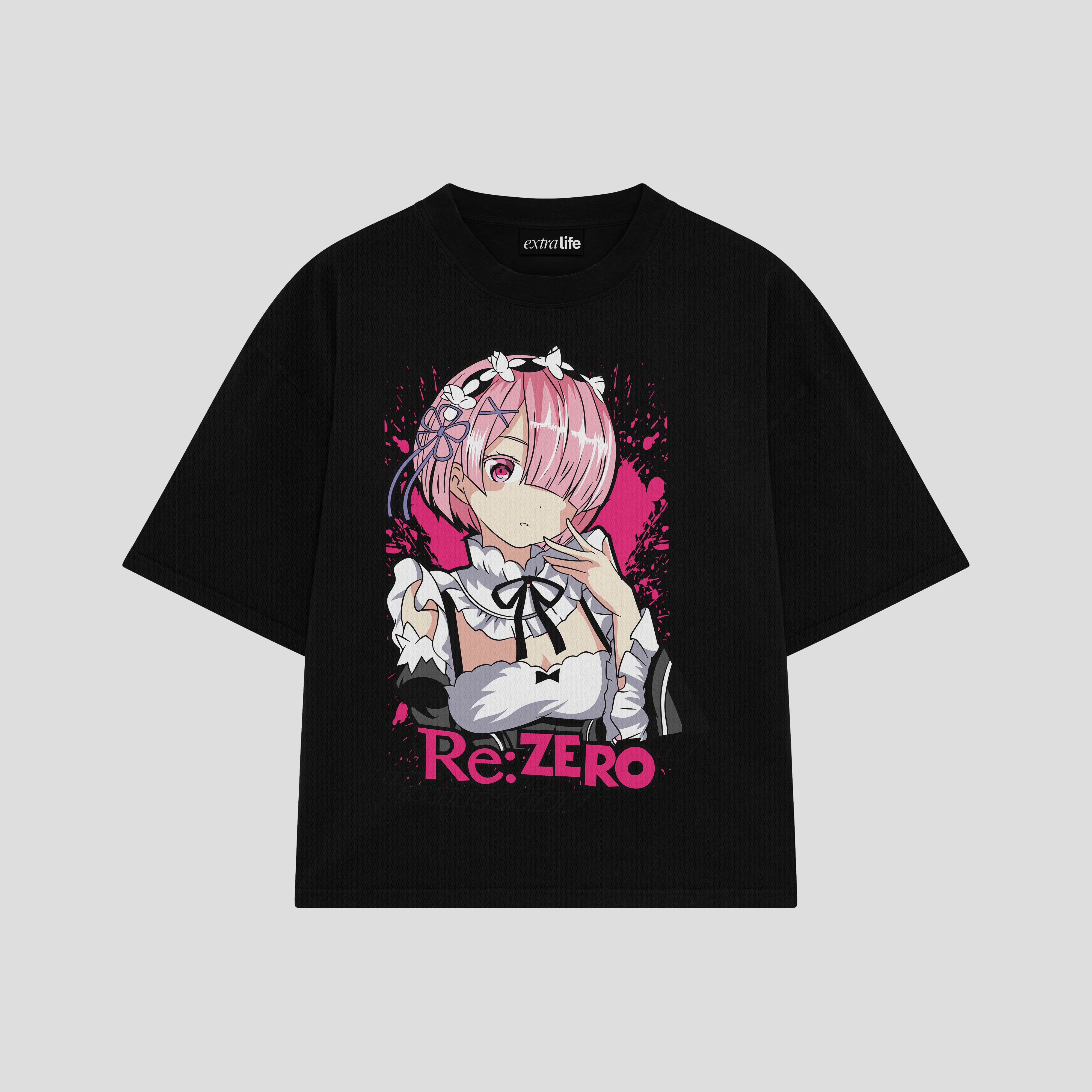 Playera streetwear premium de anime y gaming ExtraLife MX, corte boxy oversized drop shoulder heavyweight en color Deep Black y Off-White, moda urbana mexicana de culto.