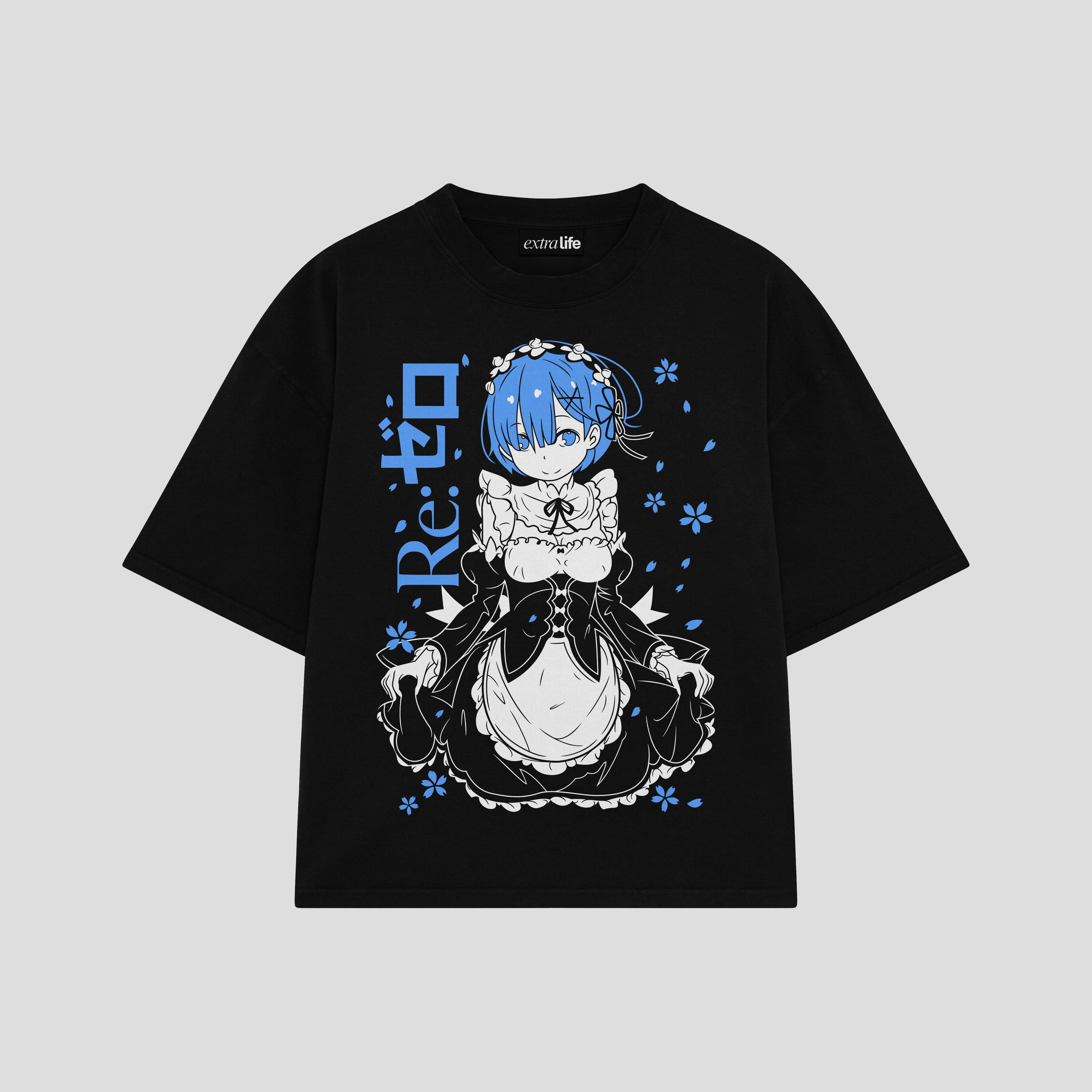 Playera streetwear premium de anime y gaming ExtraLife MX, corte boxy oversized drop shoulder heavyweight en color Deep Black y Off-White, moda urbana mexicana de culto.
