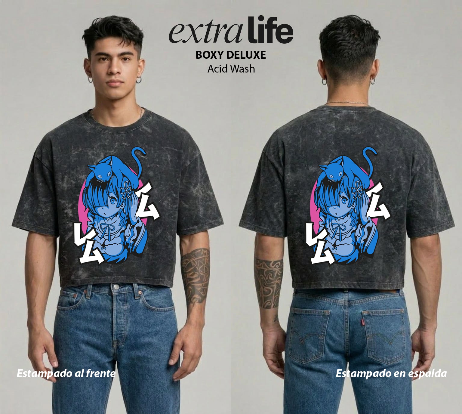 Playera streetwear premium de anime y gaming ExtraLife MX, corte boxy deluxe mineral wash heavyweight en color Acid Wash, moda urbana mexicana de culto.