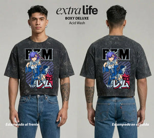 Playera streetwear premium de anime y gaming ExtraLife MX, corte boxy deluxe mineral wash heavyweight en color Acid Wash, moda urbana mexicana de culto.
