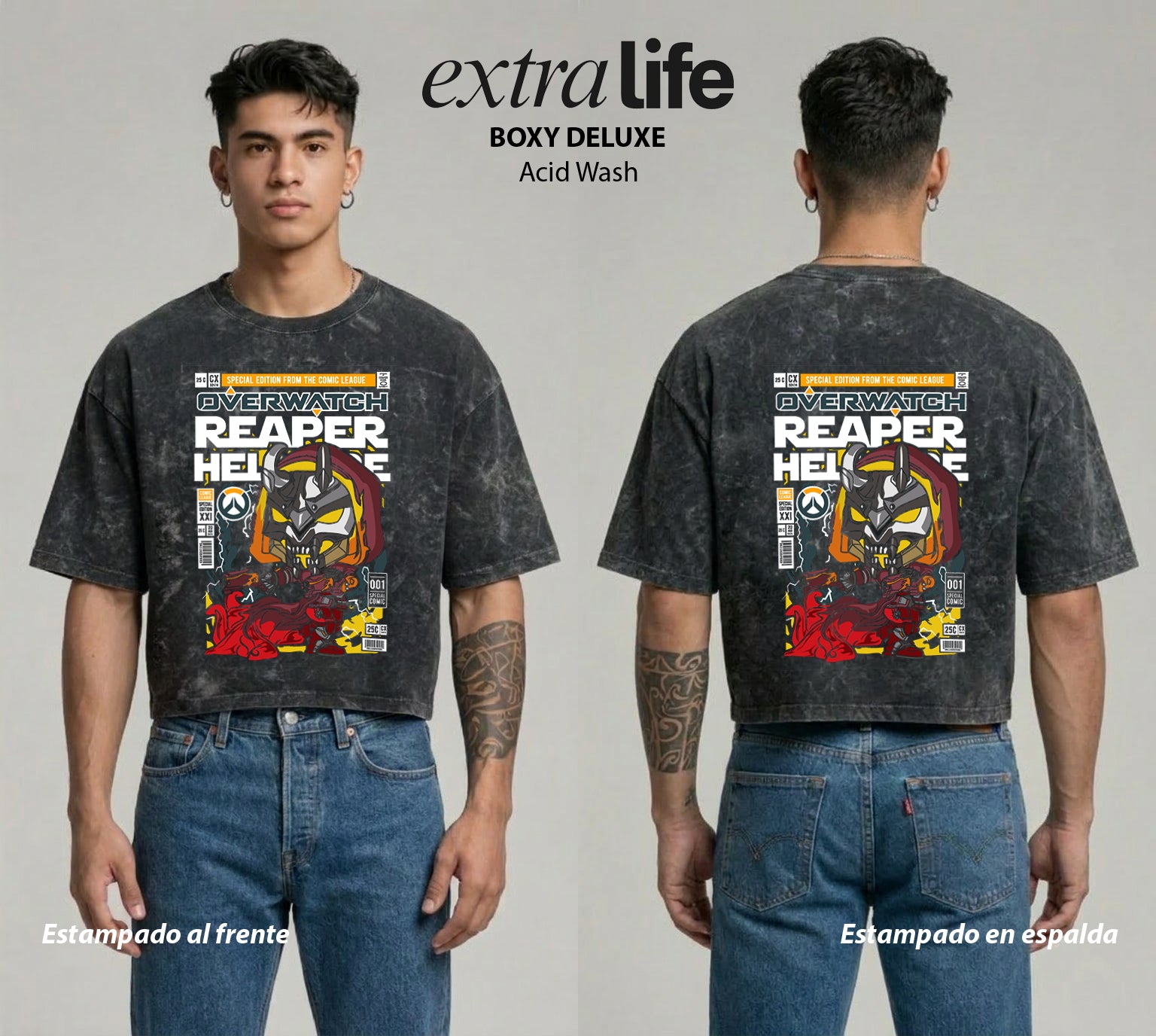 Playera streetwear premium de anime y gaming ExtraLife MX, corte boxy deluxe mineral wash heavyweight en color Acid Wash, moda urbana mexicana de culto.