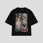 Playera streetwear premium de anime y gaming ExtraLife MX, corte boxy oversized drop shoulder heavyweight en color Deep Black y Off-White, moda urbana mexicana de culto.