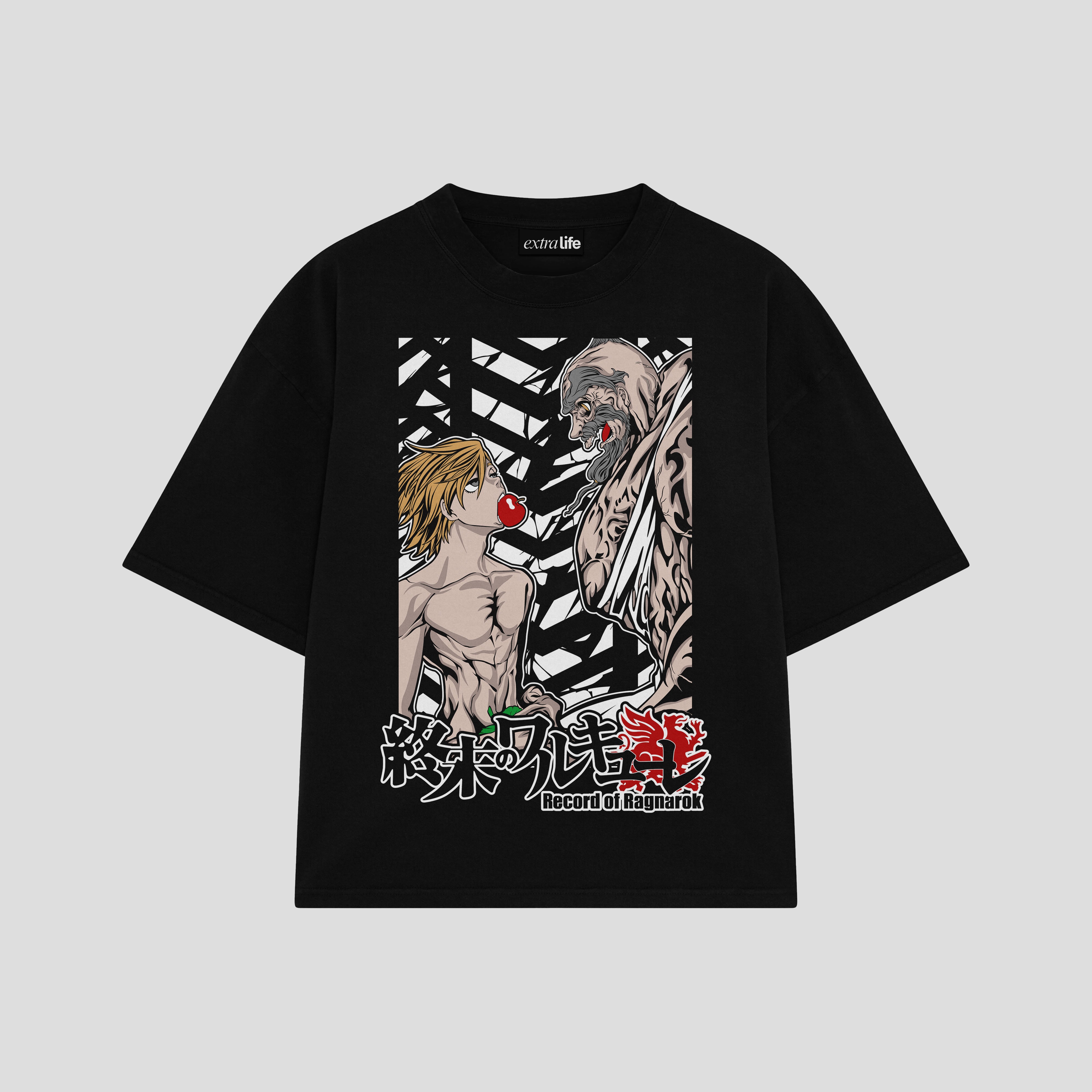Playera streetwear premium de anime y gaming ExtraLife MX, corte boxy oversized drop shoulder heavyweight en color Deep Black y Off-White, moda urbana mexicana de culto.
