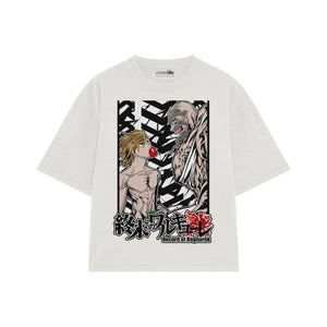 Playera streetwear premium de anime y gaming ExtraLife MX, corte boxy oversized drop shoulder heavyweight en color Deep Black y Off-White, moda urbana mexicana de culto.