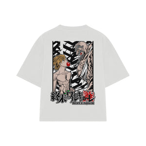 Playera streetwear premium de anime y gaming ExtraLife MX, corte boxy oversized drop shoulder heavyweight en color Deep Black y Off-White, moda urbana mexicana de culto.