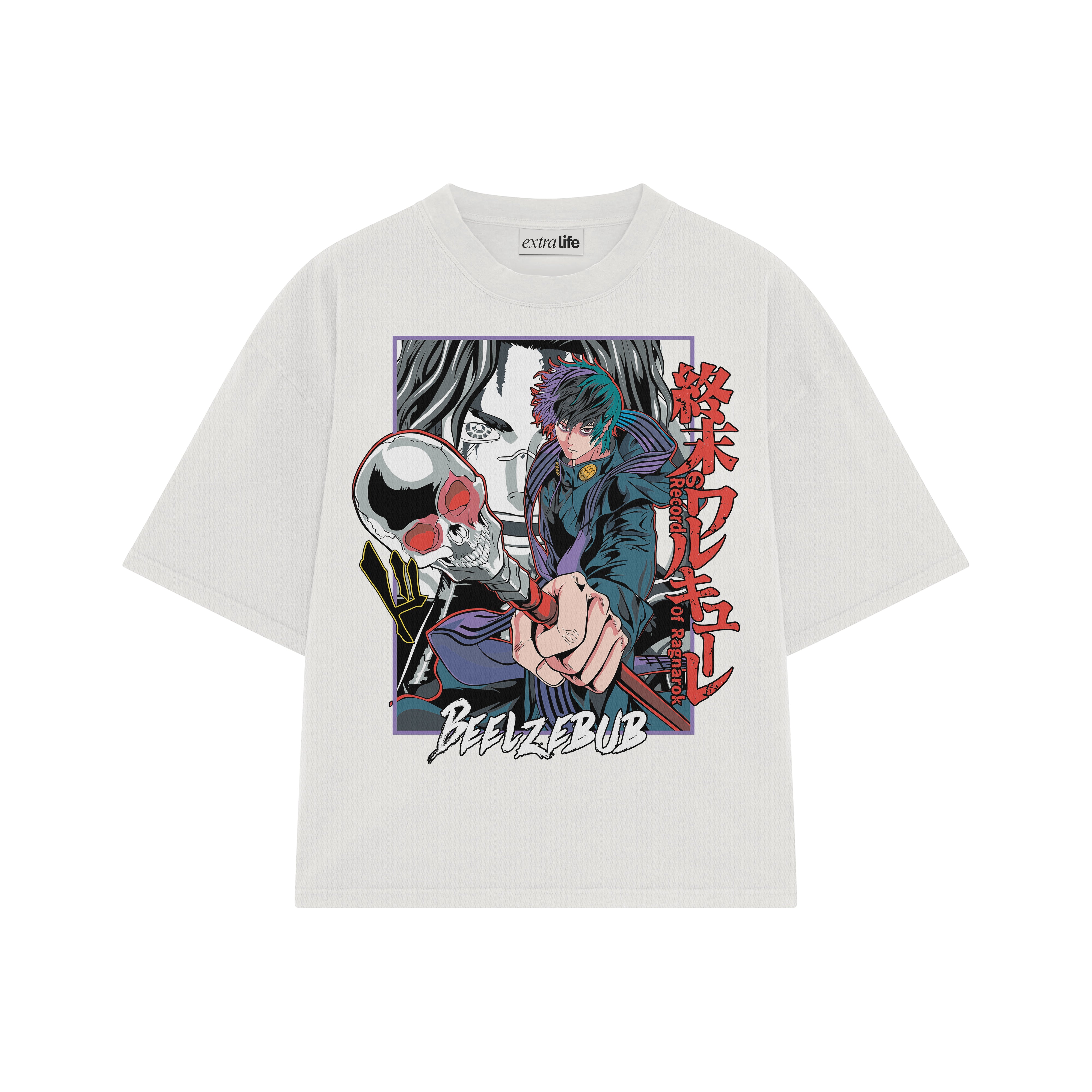 Playera streetwear premium de anime y gaming ExtraLife MX, corte boxy oversized drop shoulder heavyweight en color Deep Black y Off-White, moda urbana mexicana de culto.