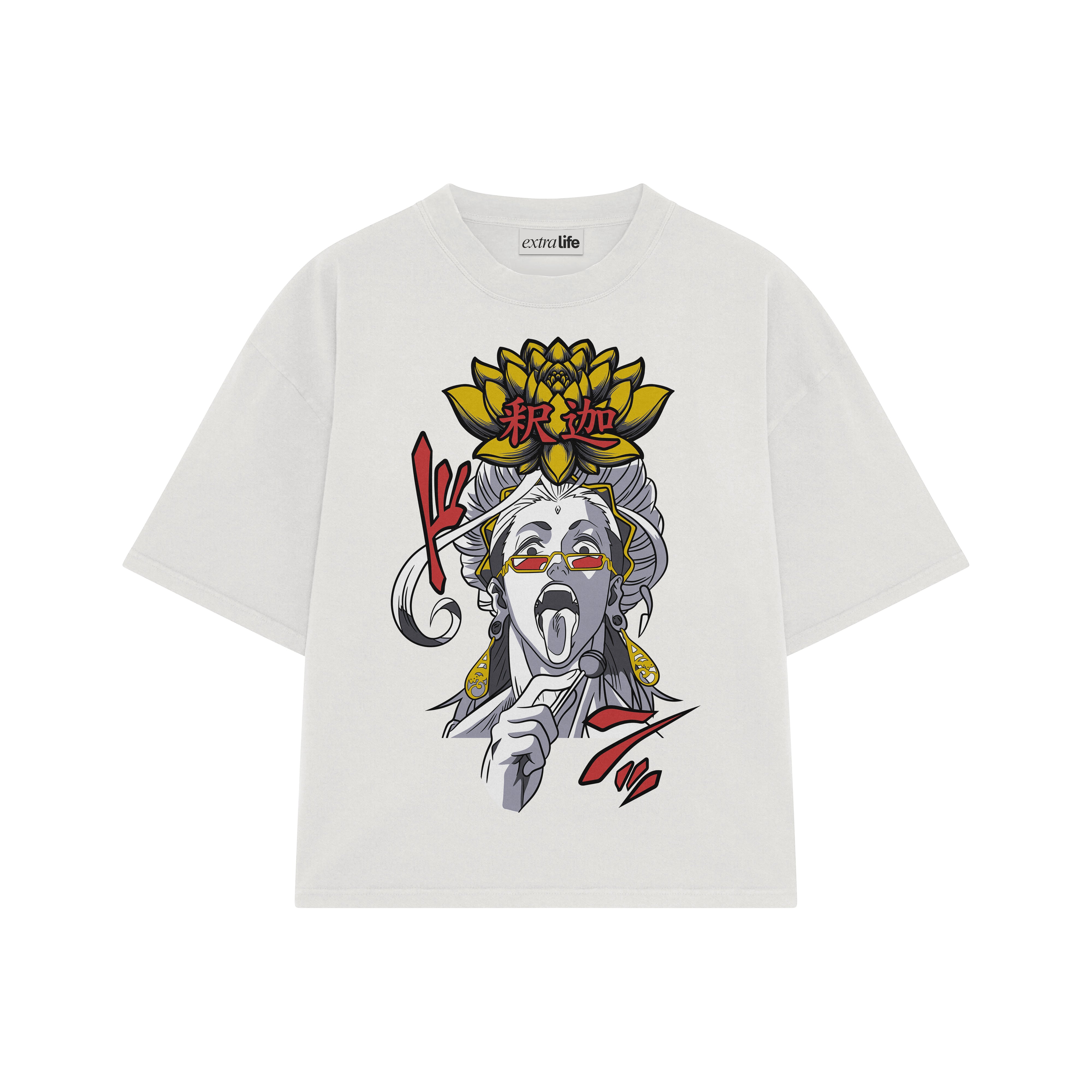 Playera streetwear premium de anime y gaming ExtraLife MX, corte boxy oversized drop shoulder heavyweight en color Deep Black y Off-White, moda urbana mexicana de culto.