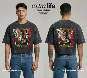 Playera streetwear premium de anime y gaming ExtraLife MX, corte boxy deluxe mineral wash heavyweight en color Acid Wash, moda urbana mexicana de culto.