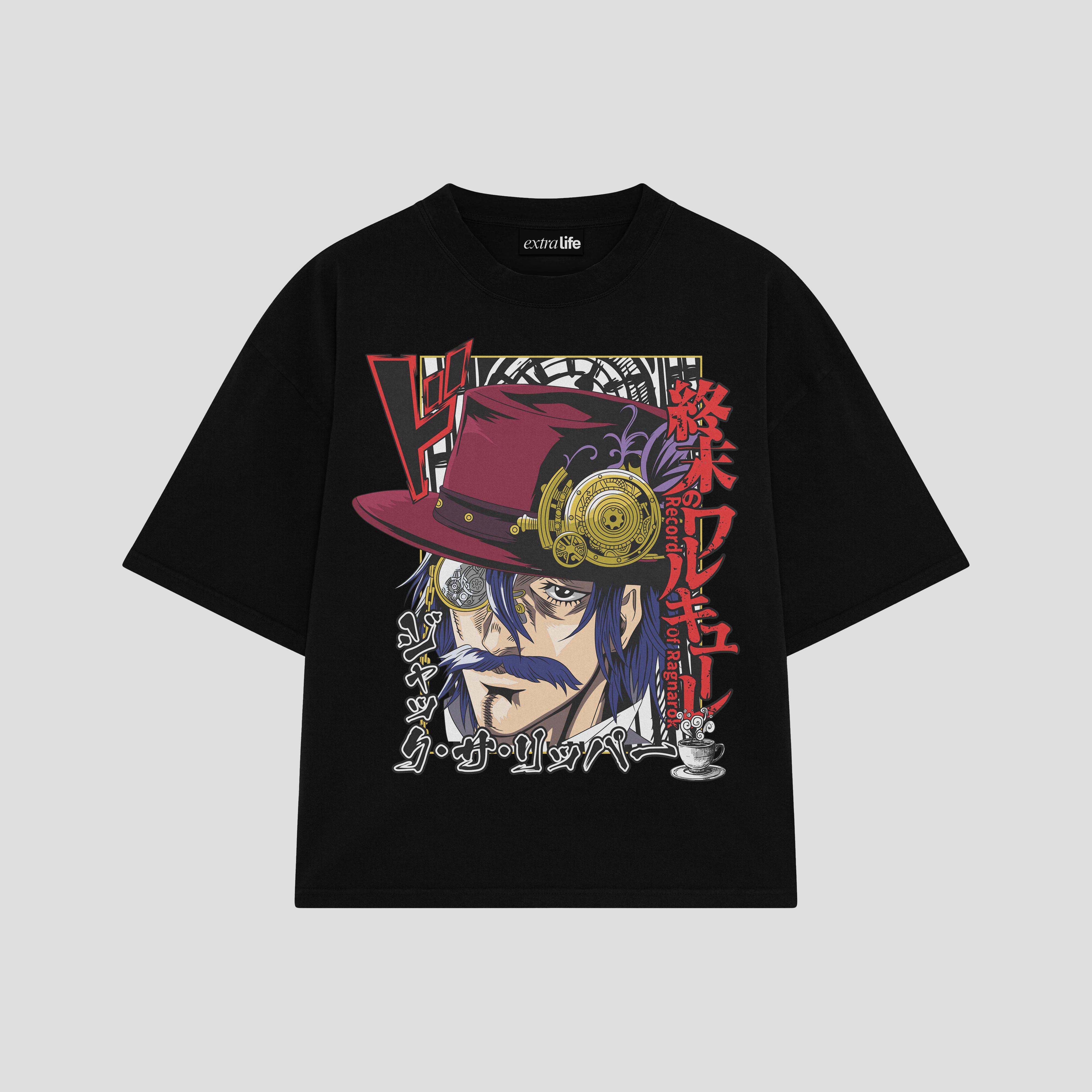 Playera streetwear premium de anime y gaming ExtraLife MX, corte boxy oversized drop shoulder heavyweight en color Deep Black y Off-White, moda urbana mexicana de culto.