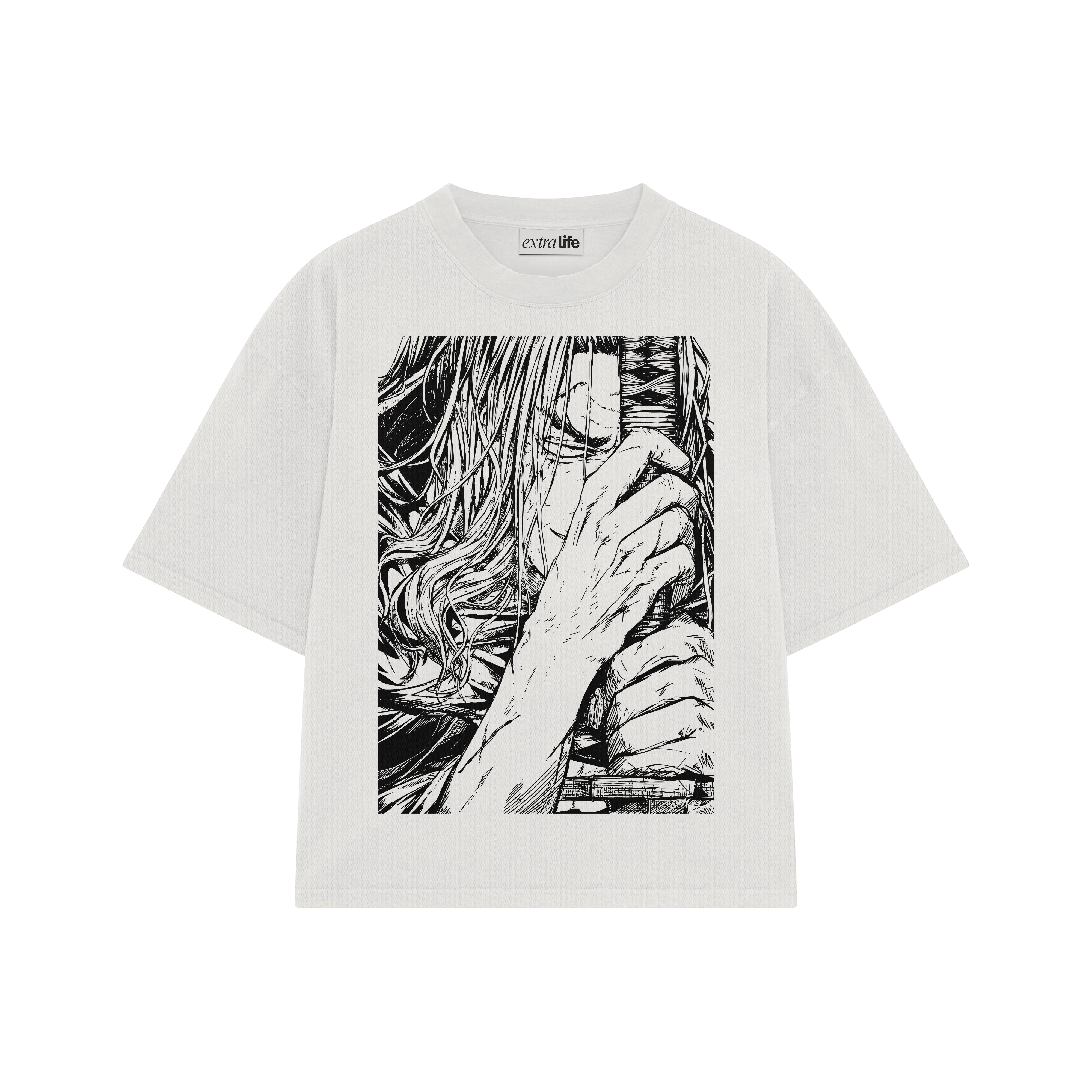 Playera streetwear premium de anime y gaming ExtraLife MX, corte boxy oversized drop shoulder heavyweight en color Deep Black y Off-White, moda urbana mexicana de culto.