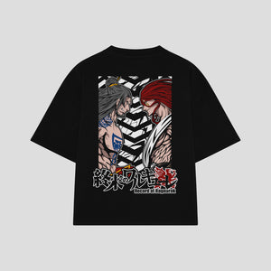 Playera streetwear premium de anime y gaming ExtraLife MX, corte boxy oversized drop shoulder heavyweight en color Deep Black y Off-White, moda urbana mexicana de culto.