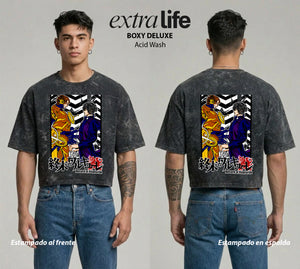 Playera streetwear premium de anime y gaming ExtraLife MX, corte boxy deluxe mineral wash heavyweight en color Acid Wash, moda urbana mexicana de culto.