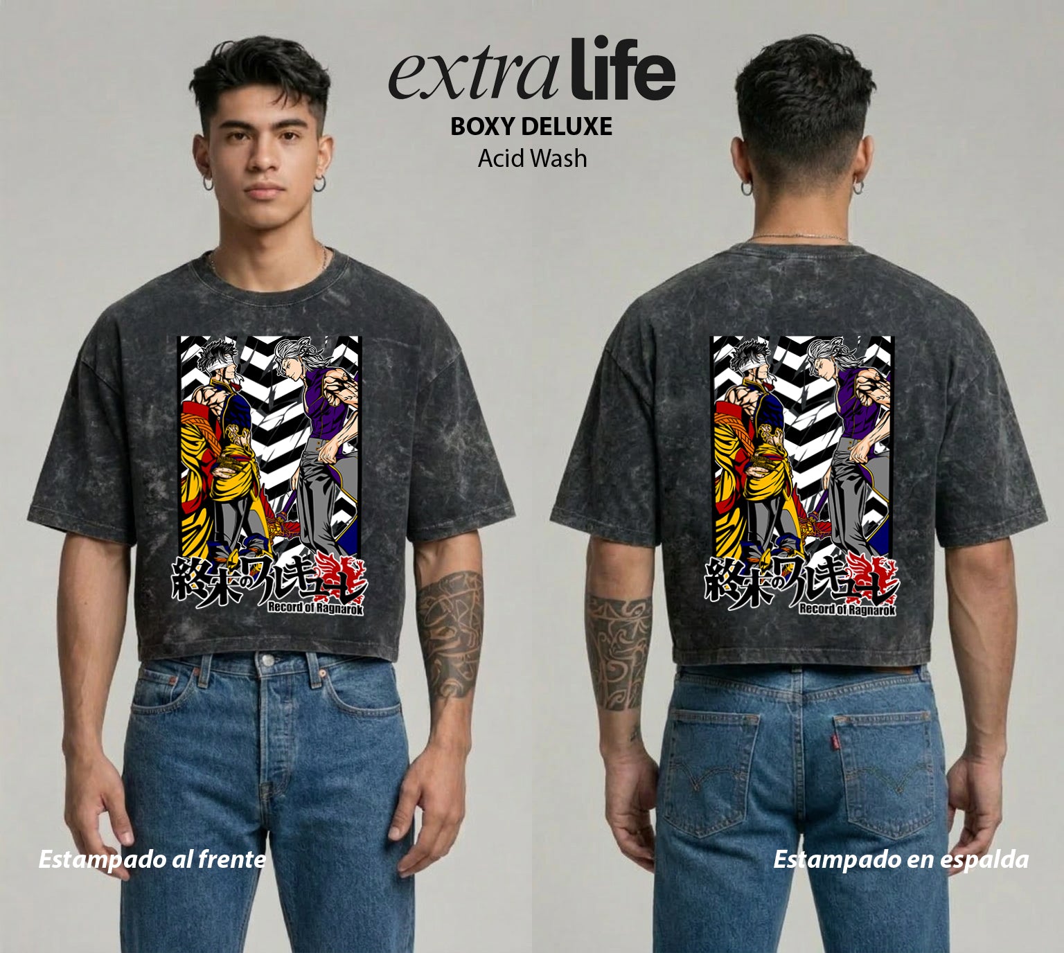 Playera streetwear premium de anime y gaming ExtraLife MX, corte boxy deluxe mineral wash heavyweight en color Acid Wash, moda urbana mexicana de culto.