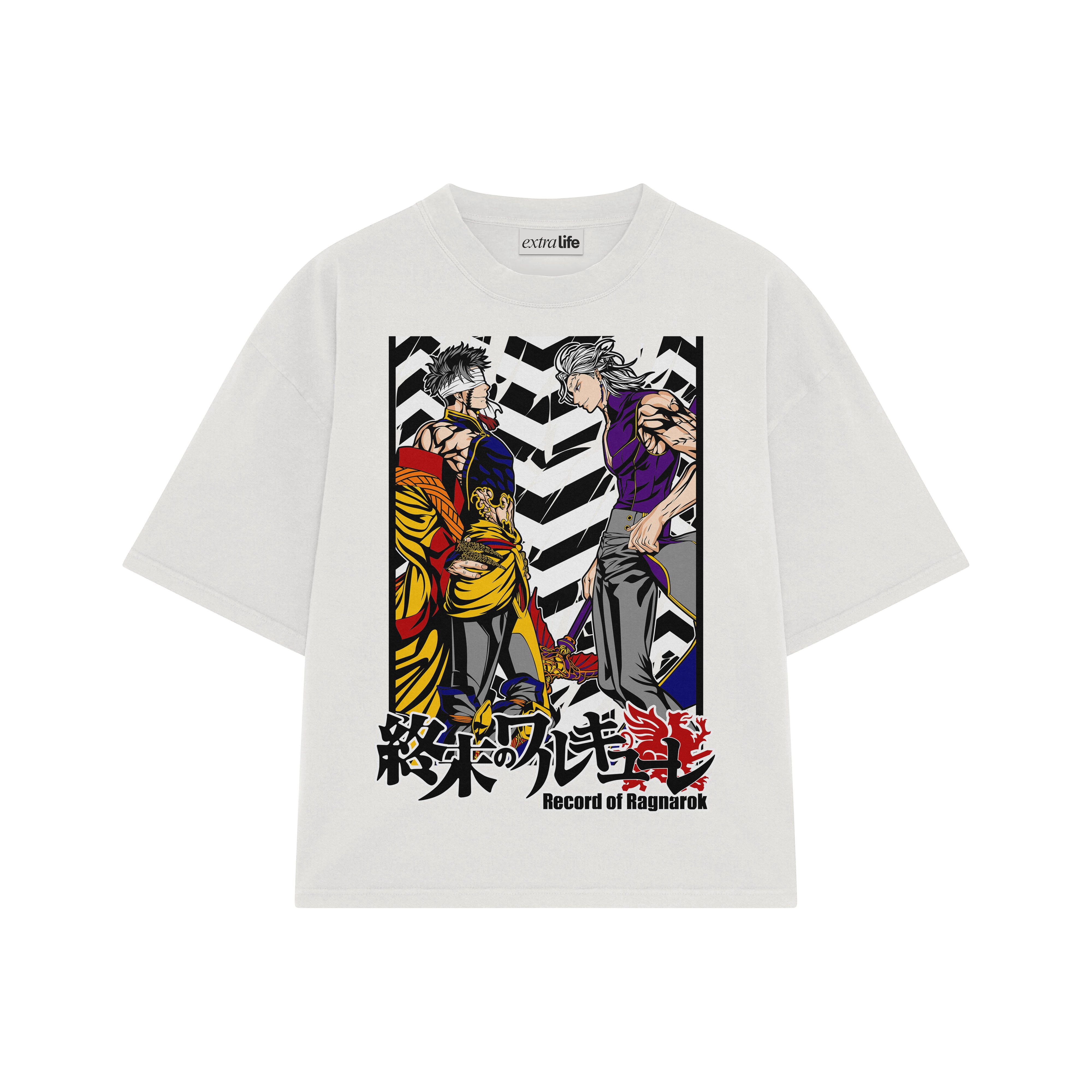 Playera streetwear premium de anime y gaming ExtraLife MX, corte boxy oversized drop shoulder heavyweight en color Deep Black y Off-White, moda urbana mexicana de culto.