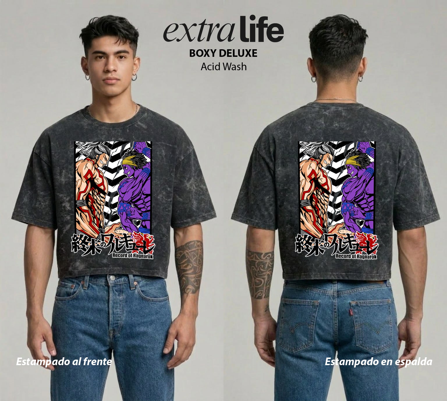 Playera streetwear premium de anime y gaming ExtraLife MX, corte boxy deluxe mineral wash heavyweight en color Acid Wash, moda urbana mexicana de culto.
