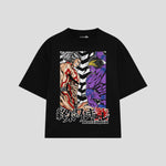Playera streetwear premium de anime y gaming ExtraLife MX, corte boxy oversized drop shoulder heavyweight en color Deep Black y Off-White, moda urbana mexicana de culto.