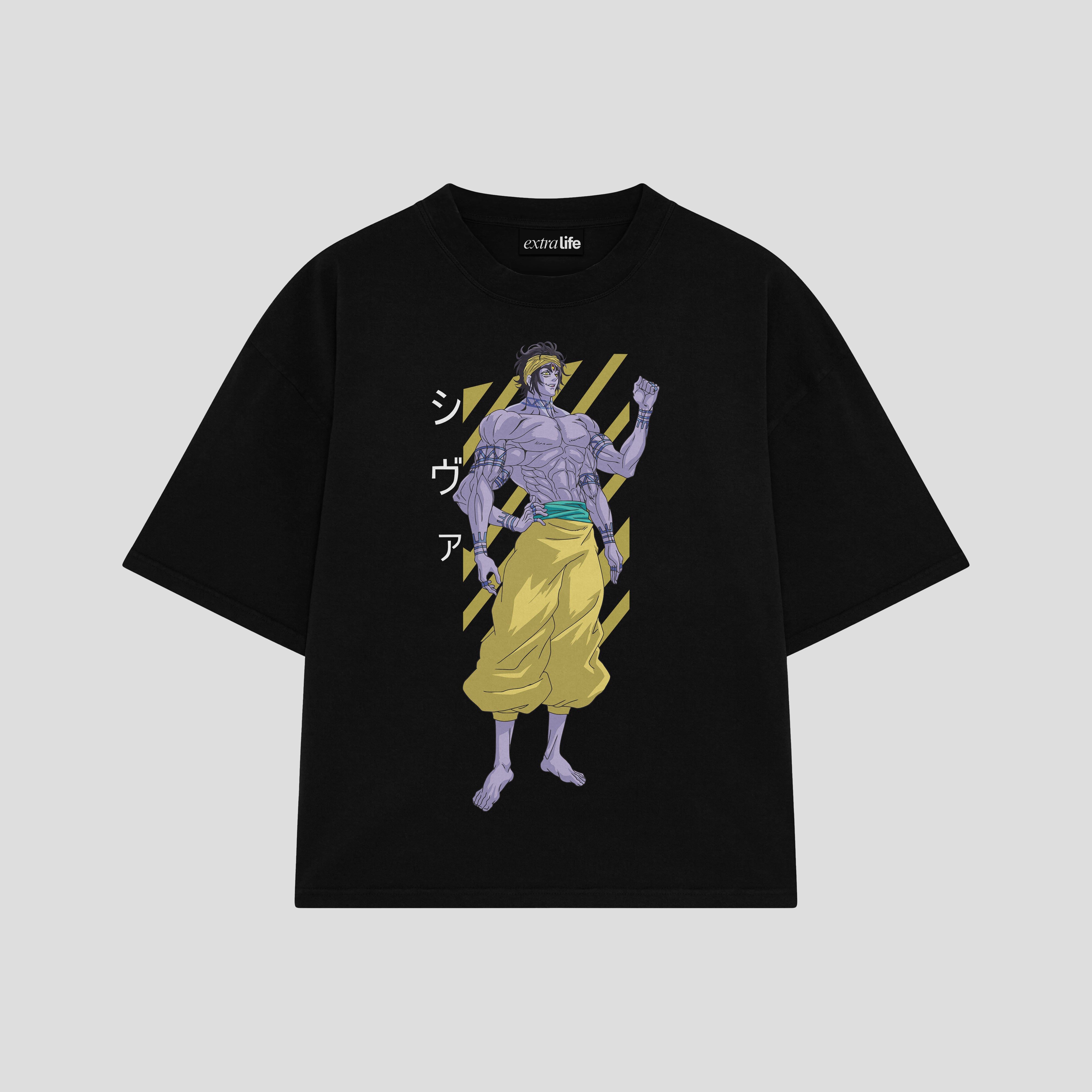 Playera streetwear premium de anime y gaming ExtraLife MX, corte boxy oversized drop shoulder heavyweight en color Deep Black y Off-White, moda urbana mexicana de culto.