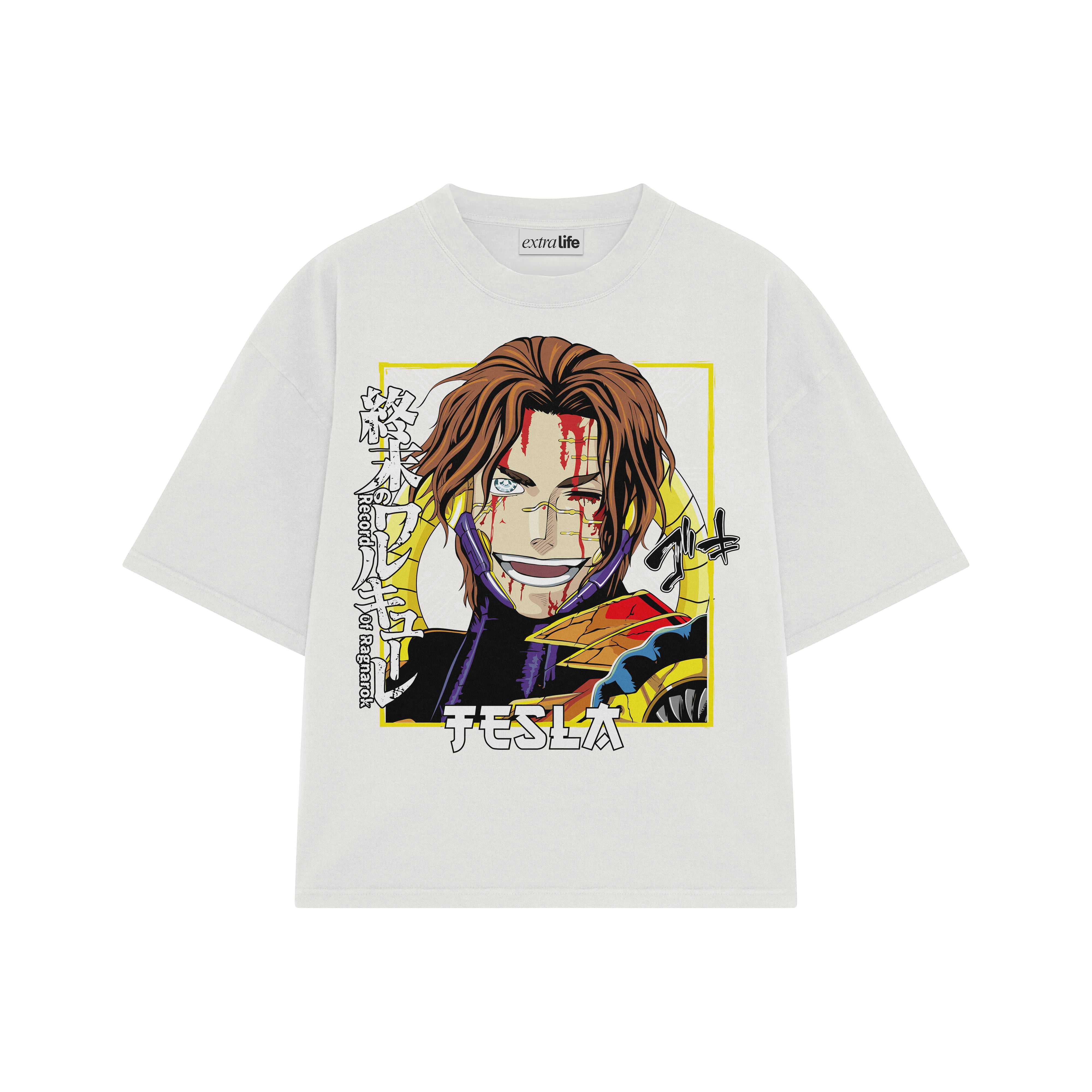 Playera streetwear premium de anime y gaming ExtraLife MX, corte boxy oversized drop shoulder heavyweight en color Deep Black y Off-White, moda urbana mexicana de culto.