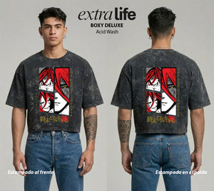 Playera streetwear premium de anime y gaming ExtraLife MX, corte boxy deluxe mineral wash heavyweight en color Acid Wash, moda urbana mexicana de culto.