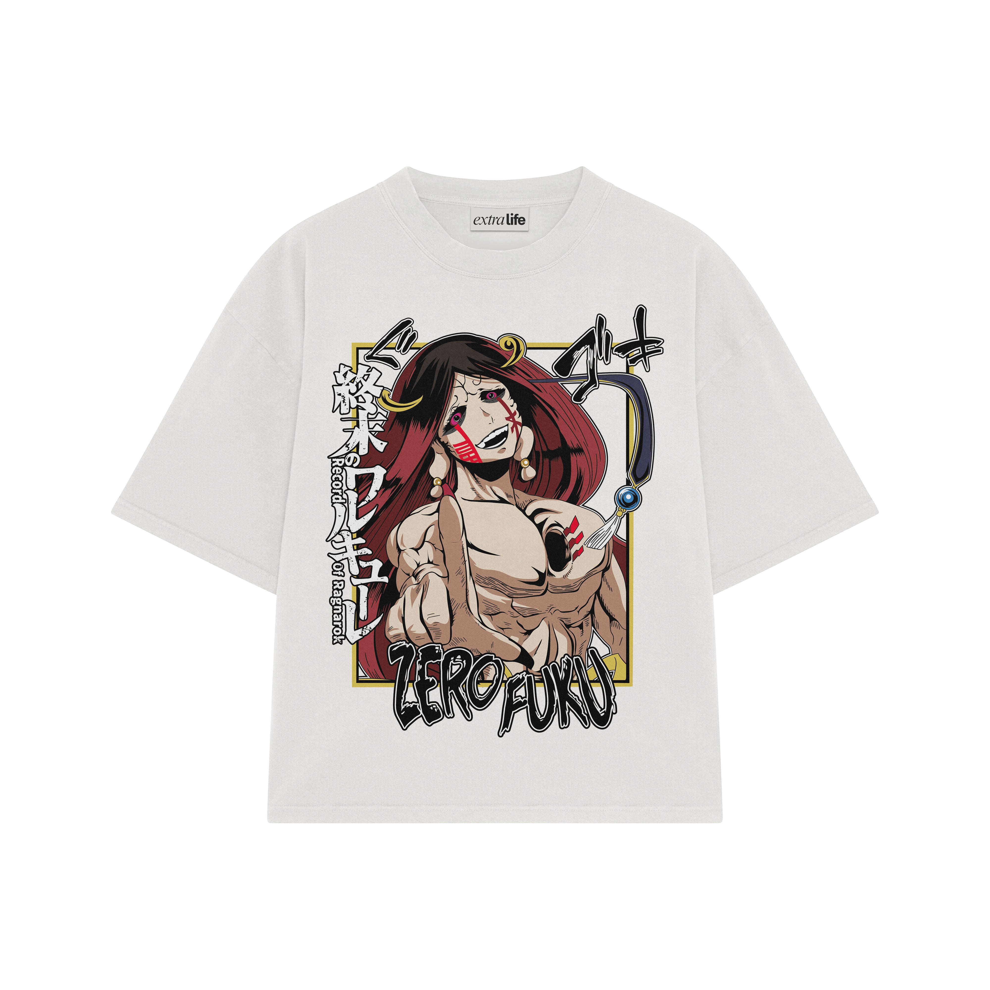Playera streetwear premium de anime y gaming ExtraLife MX, corte boxy oversized drop shoulder heavyweight en color Deep Black y Off-White, moda urbana mexicana de culto.
