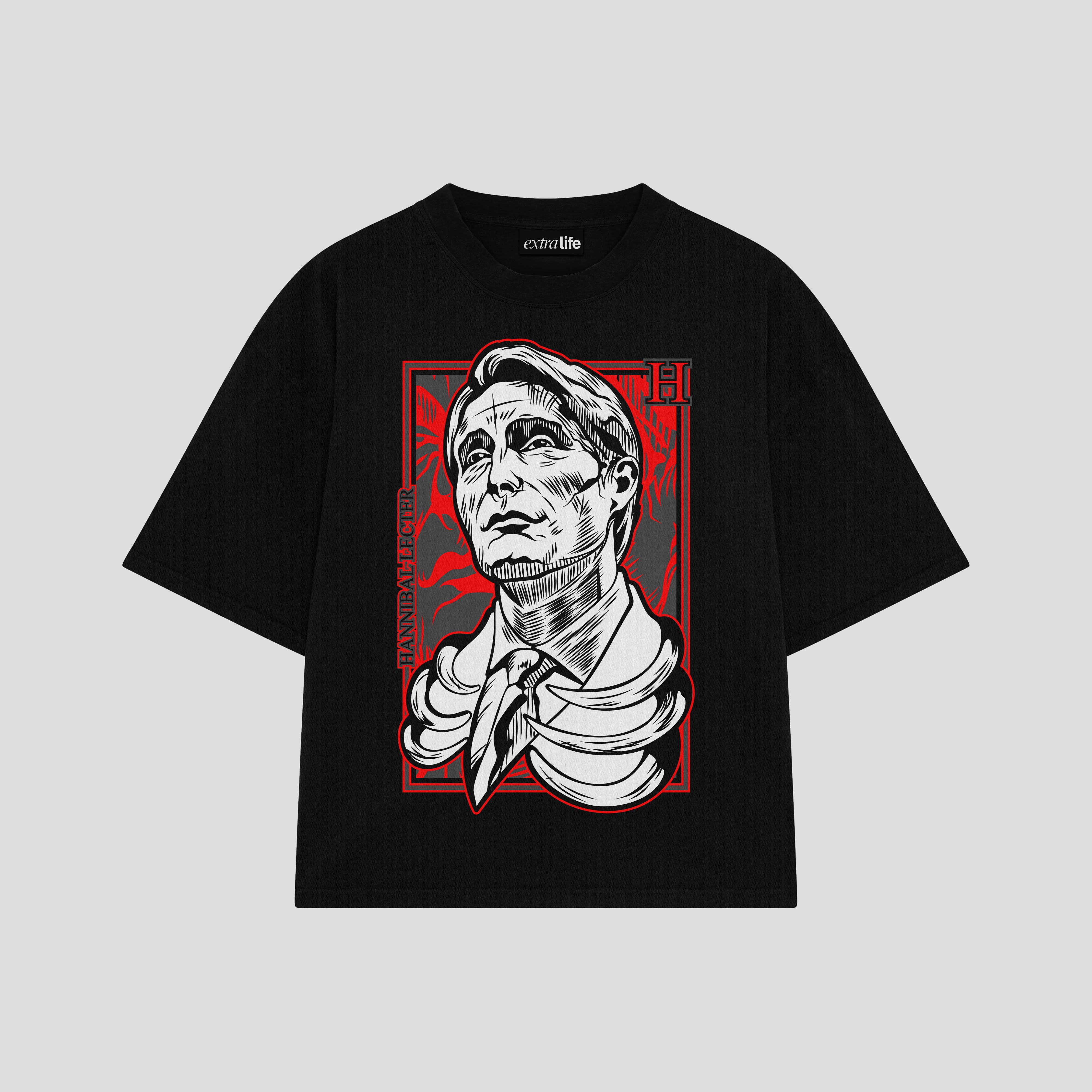 Playera streetwear premium de anime y gaming ExtraLife MX, corte boxy oversized drop shoulder heavyweight en color Deep Black y Off-White, moda urbana mexicana de culto.
