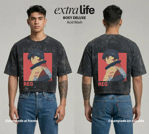 Playera streetwear premium de anime y gaming ExtraLife MX, corte boxy deluxe mineral wash heavyweight en color Acid Wash, moda urbana mexicana de culto.