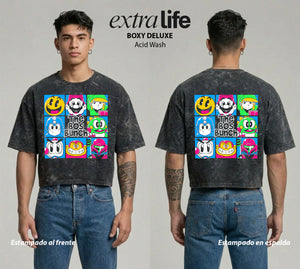 Playera streetwear premium de anime y gaming ExtraLife MX, corte boxy deluxe mineral wash heavyweight en color Acid Wash, moda urbana mexicana de culto.