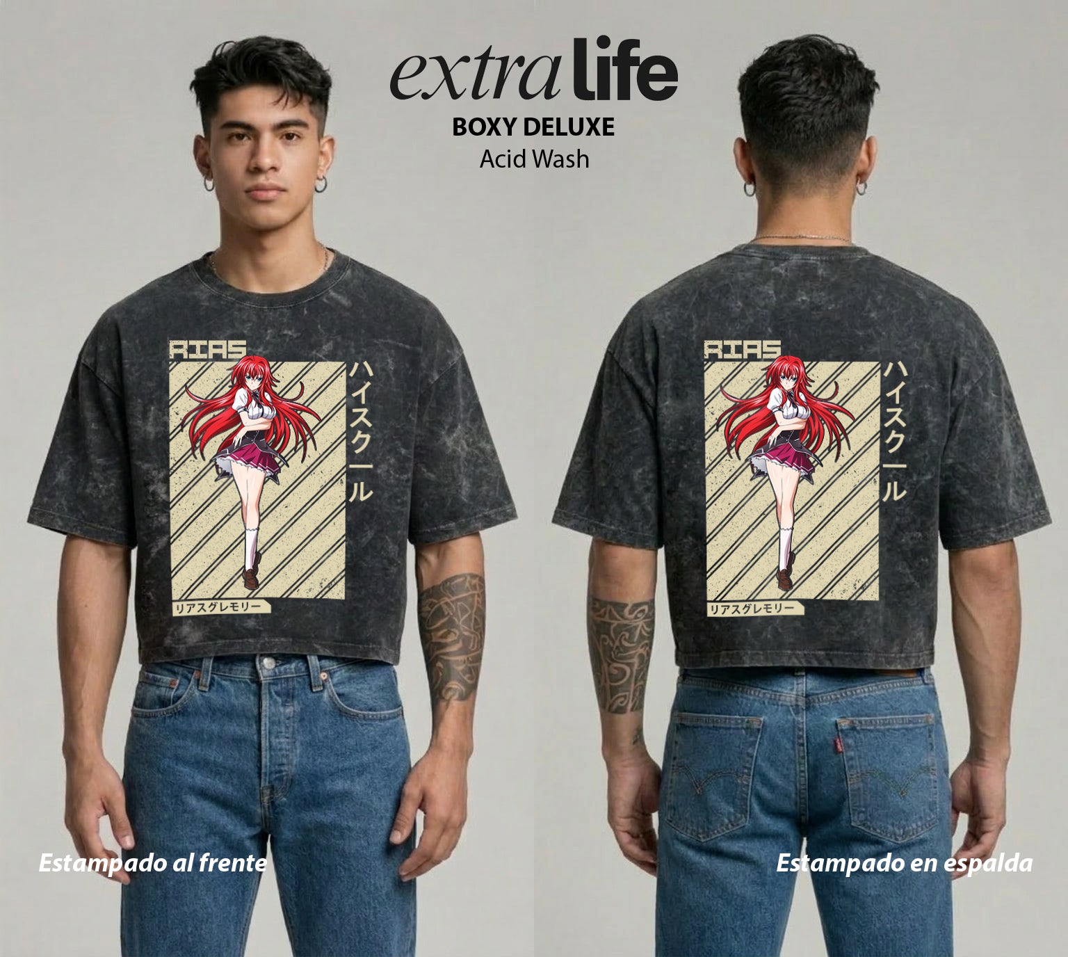 Playera streetwear premium de anime y gaming ExtraLife MX, corte boxy deluxe mineral wash heavyweight en color Acid Wash, moda urbana mexicana de culto.