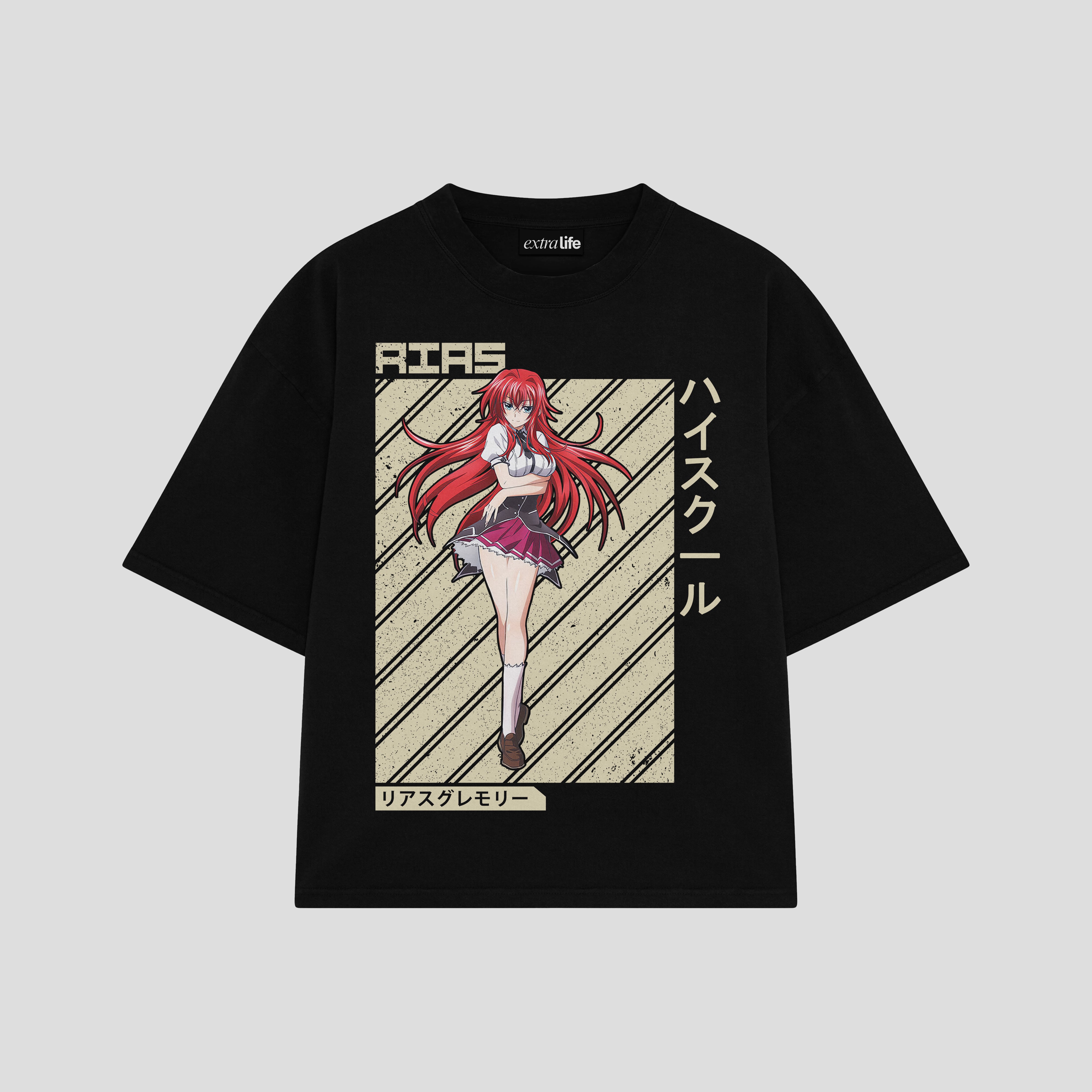 Playera streetwear premium de anime y gaming ExtraLife MX, corte boxy oversized drop shoulder heavyweight en color Deep Black y Off-White, moda urbana mexicana de culto.