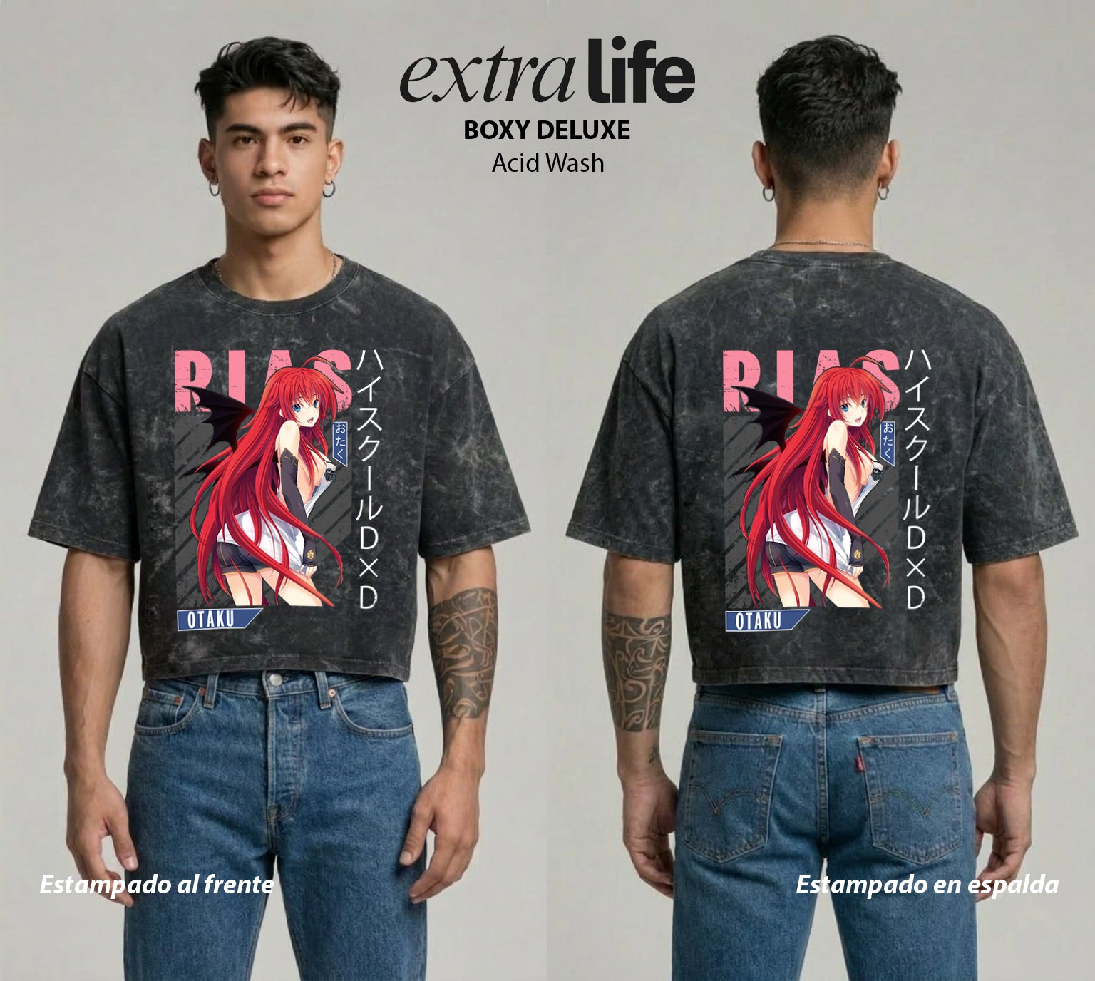 Playera streetwear premium de anime y gaming ExtraLife MX, corte boxy deluxe mineral wash heavyweight en color Acid Wash, moda urbana mexicana de culto.