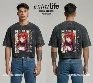 Playera streetwear premium de anime y gaming ExtraLife MX, corte boxy deluxe mineral wash heavyweight en color Acid Wash, moda urbana mexicana de culto.