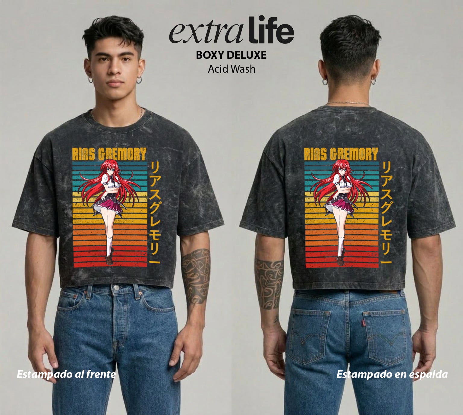 Playera streetwear premium de anime y gaming ExtraLife MX, corte boxy deluxe mineral wash heavyweight en color Acid Wash, moda urbana mexicana de culto.
