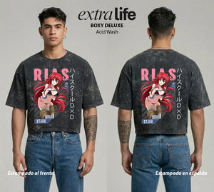 Playera streetwear premium de anime y gaming ExtraLife MX, corte boxy deluxe mineral wash heavyweight en color Acid Wash, moda urbana mexicana de culto.