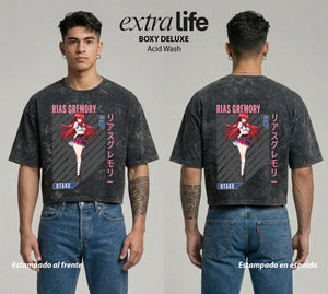 Playera streetwear premium de anime y gaming ExtraLife MX, corte boxy deluxe mineral wash heavyweight en color Acid Wash, moda urbana mexicana de culto.