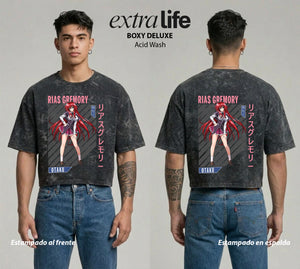 Playera streetwear premium de anime y gaming ExtraLife MX, corte boxy deluxe mineral wash heavyweight en color Acid Wash, moda urbana mexicana de culto.