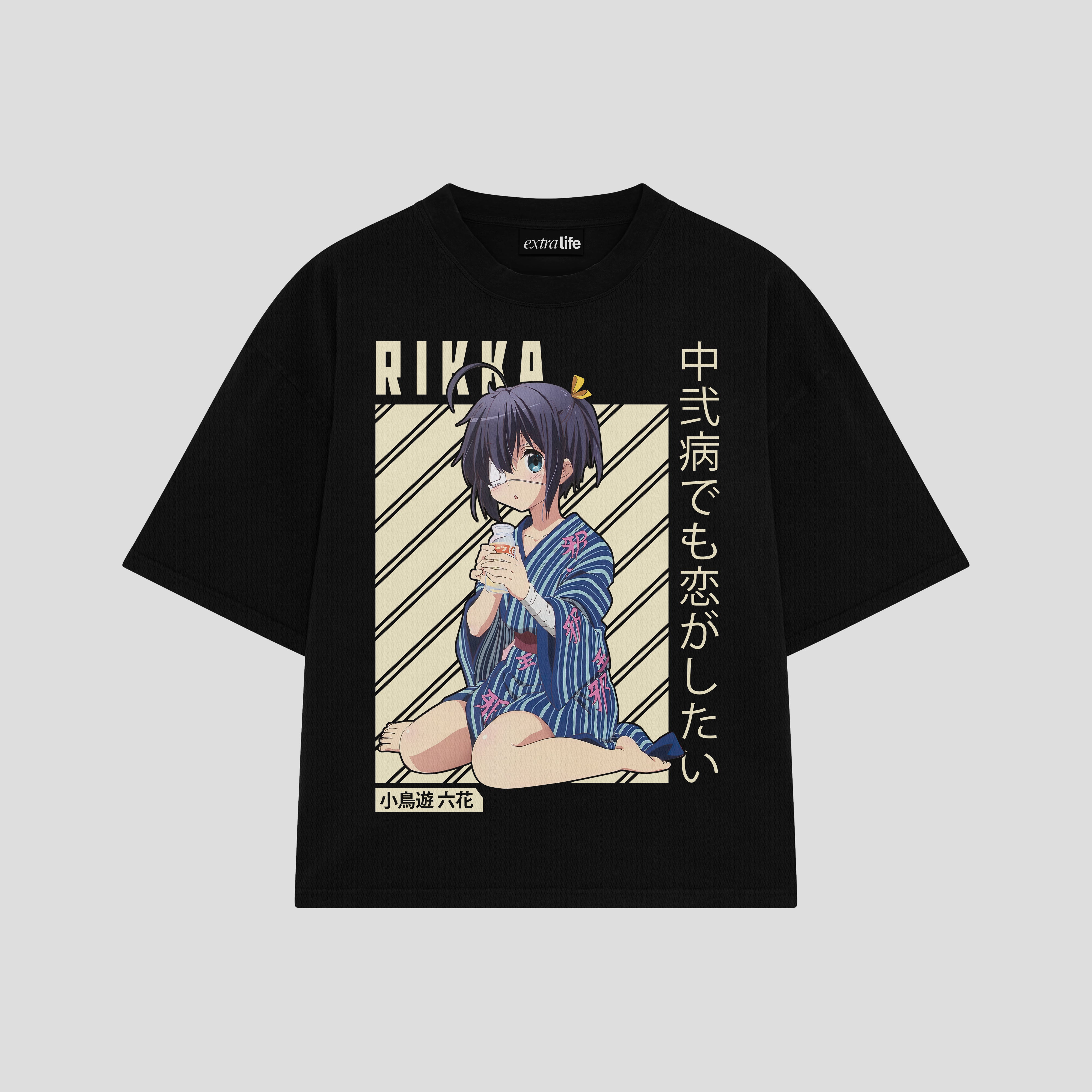 Playera streetwear premium de anime y gaming ExtraLife MX, corte boxy oversized drop shoulder heavyweight en color Deep Black y Off-White, moda urbana mexicana de culto.