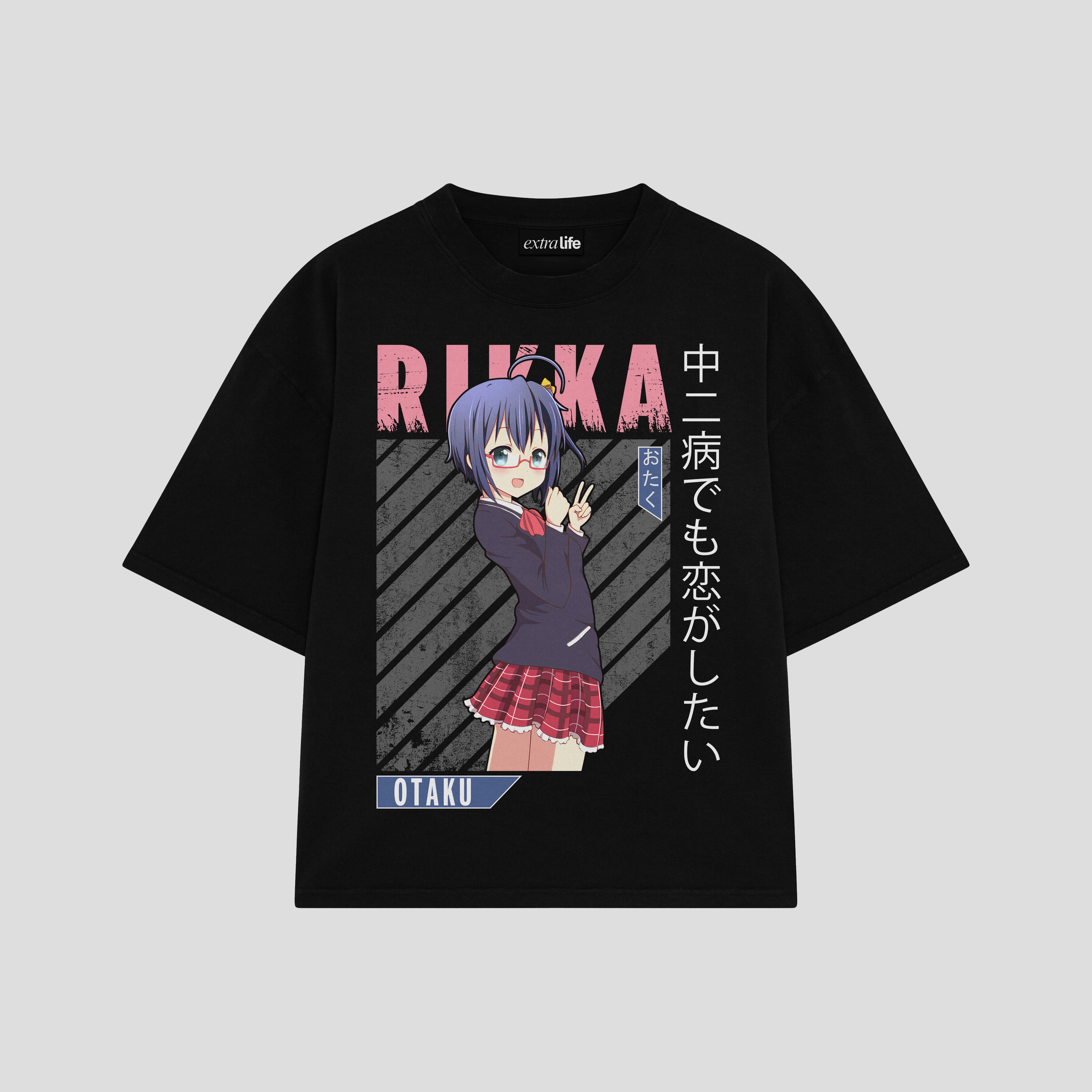 Playera streetwear premium de anime y gaming ExtraLife MX, corte boxy oversized drop shoulder heavyweight en color Deep Black y Off-White, moda urbana mexicana de culto.