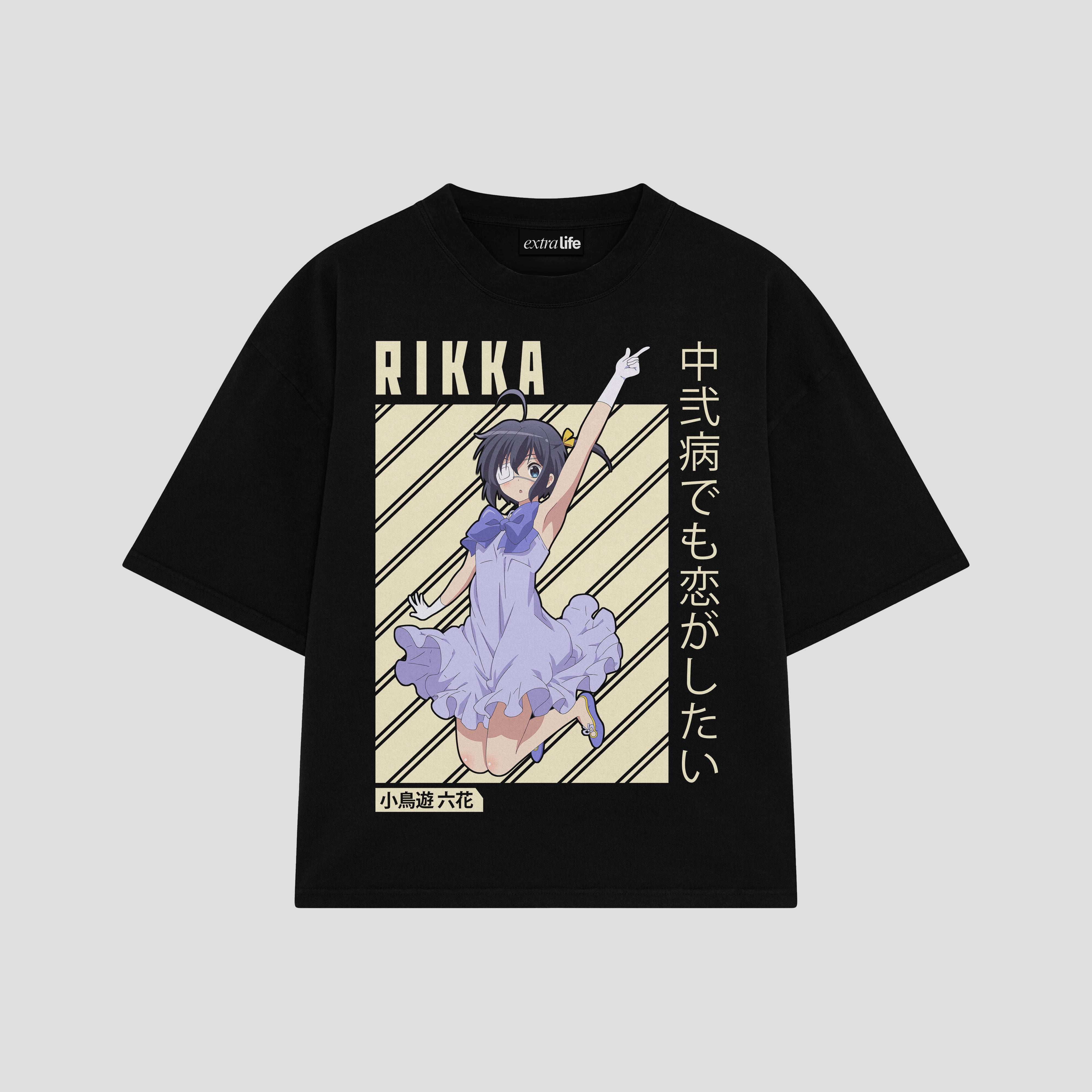 Playera streetwear premium de anime y gaming ExtraLife MX, corte boxy oversized drop shoulder heavyweight en color Deep Black y Off-White, moda urbana mexicana de culto.