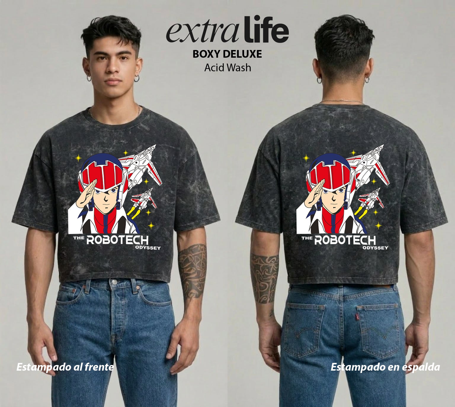 Playera streetwear premium de anime y gaming ExtraLife MX, corte boxy deluxe mineral wash heavyweight en color Acid Wash, moda urbana mexicana de culto.
