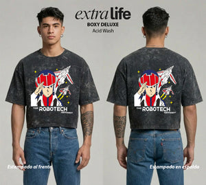 Playera streetwear premium de anime y gaming ExtraLife MX, corte boxy deluxe mineral wash heavyweight en color Acid Wash, moda urbana mexicana de culto.